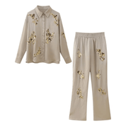 Conjunto Feminino Camisa e Calça Acetinado Golden Forglows