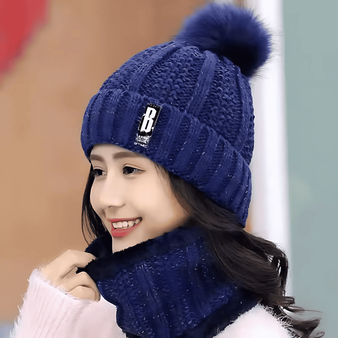 Conjunto Feminino Gola e Gorro de Tricô Forrada com Pelúcia