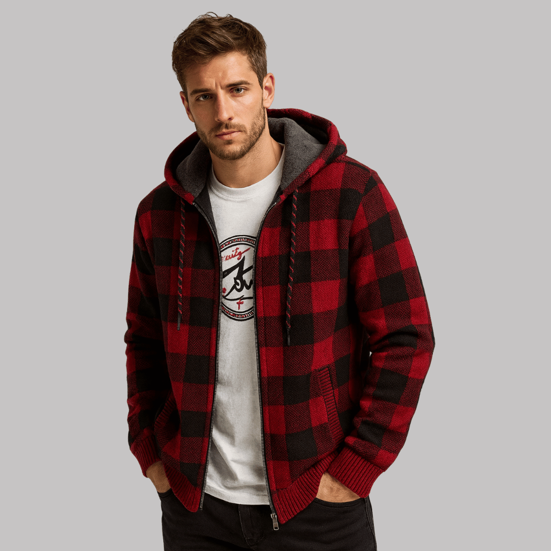 Casaco Masculino de Fio Peluciado com Capuz Xadrez Forglows