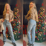 Calça Jeans Wide Leg Feminina Peluciada Forglows + Meia Térmica