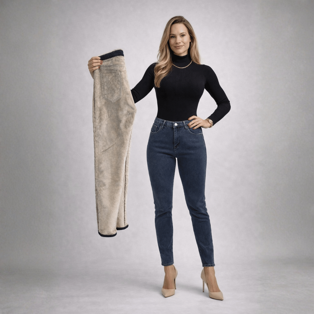 Calça Jeans Feminina com Elastano Peluciada Forglows + Meia Térmica