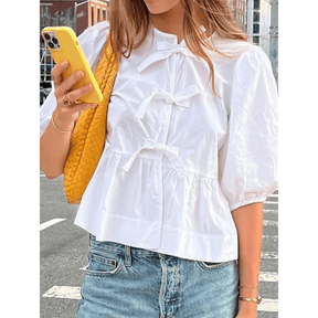 Blusa Feminina Bata com Amarração Manga Curta Luna