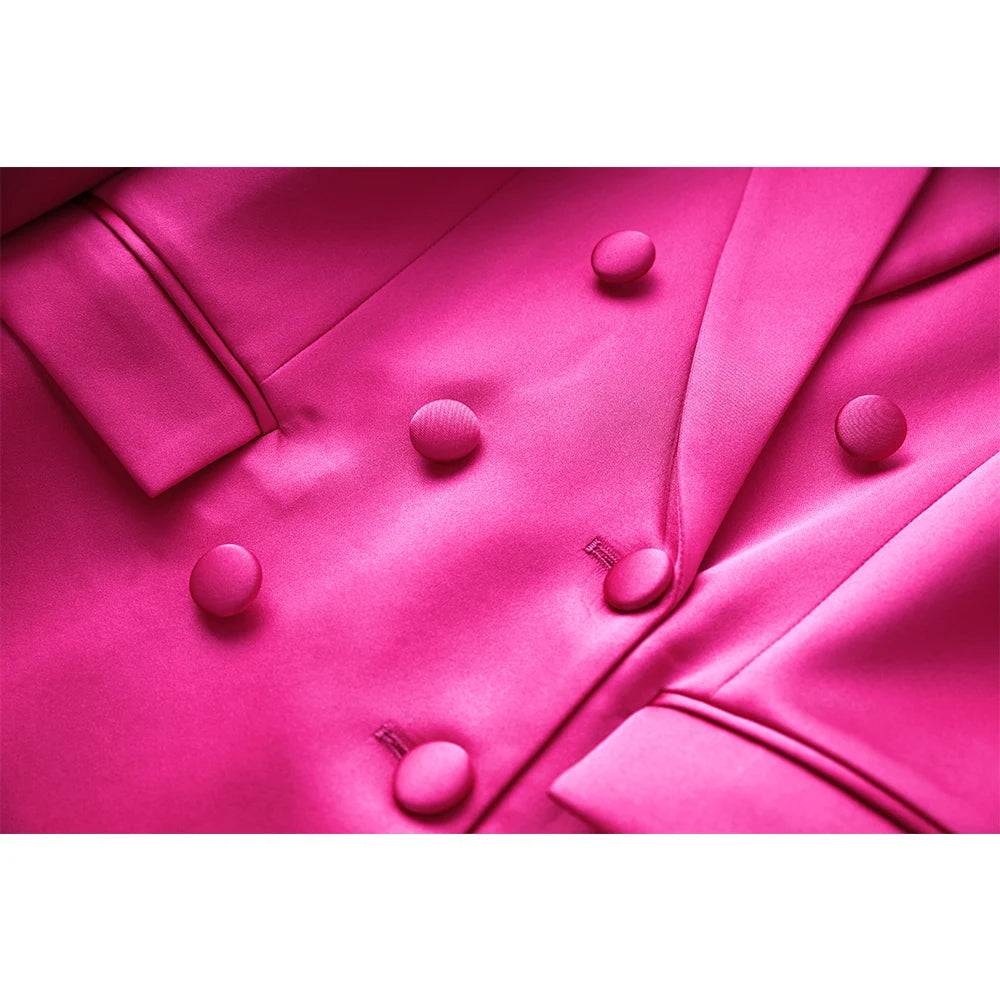 Conjunto Feminino Blazer, Top e Saia Cetim Fúcsia Forglows