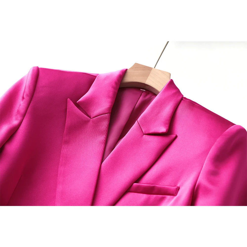 Conjunto Feminino Blazer, Top e Saia Cetim Fúcsia Forglows