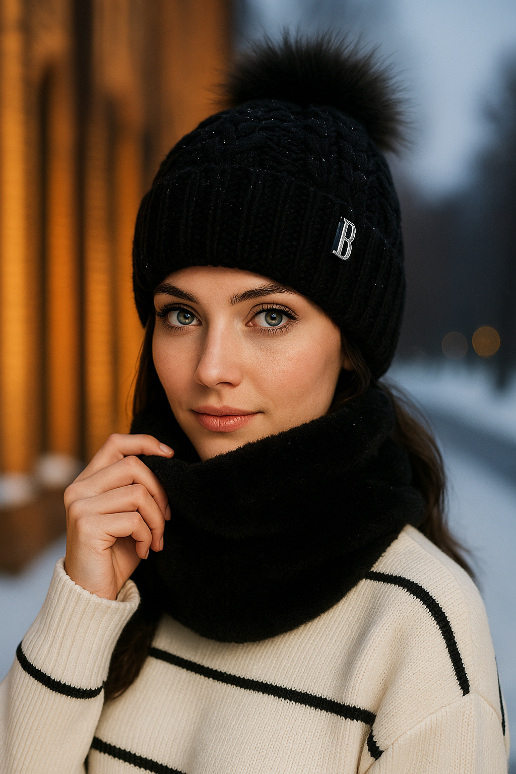 Conjunto Feminino Gola e Gorro de Tricô Forrada com Pelúcia